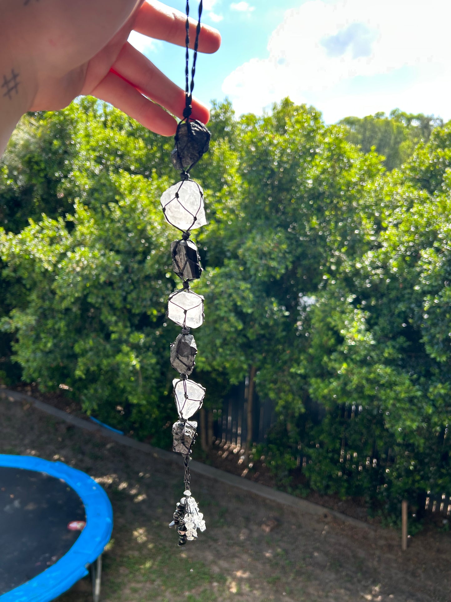 Black tourmaline and clear quartz hanging ornament