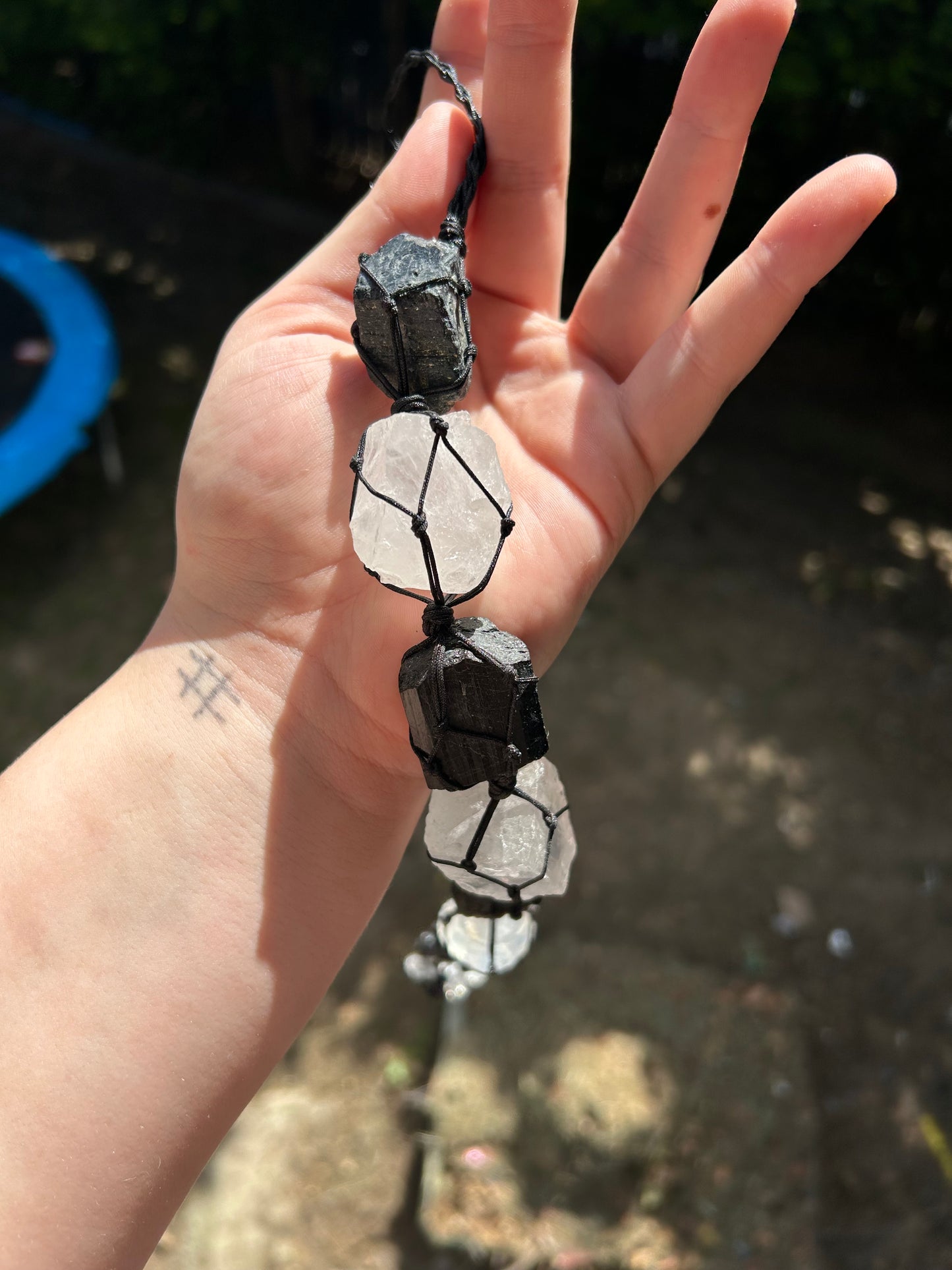 Black tourmaline and clear quartz hanging ornament