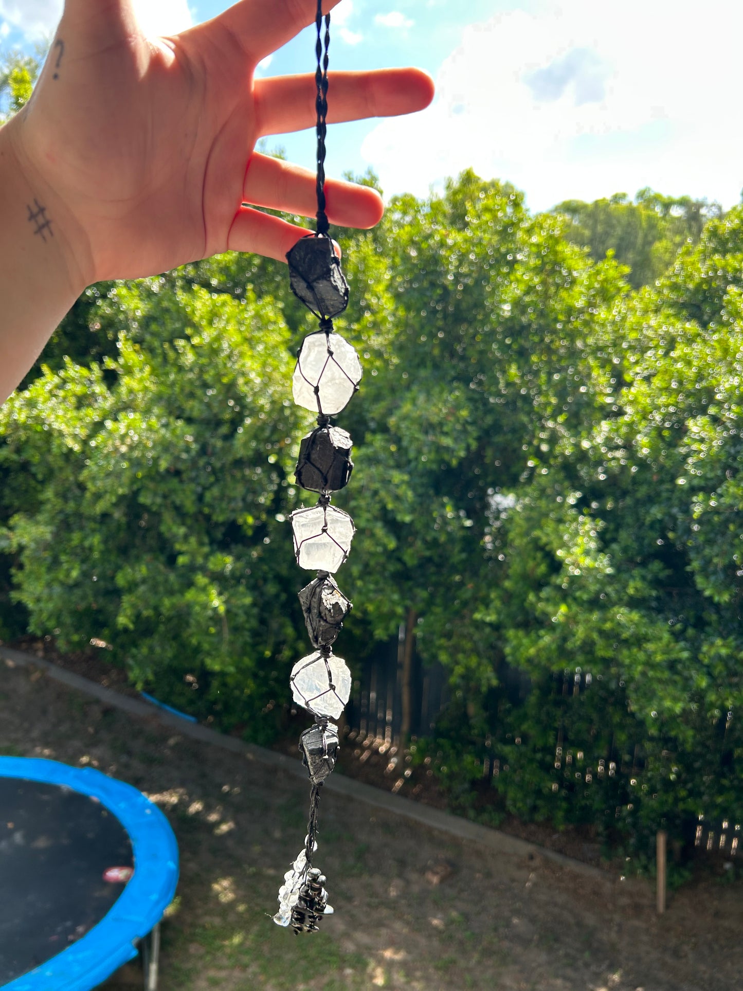 Black tourmaline and clear quartz hanging ornament